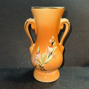 Vtg Royal Copley Tannish Ceramic Vase With Gold Trim & Double Handles 6.5” Tall